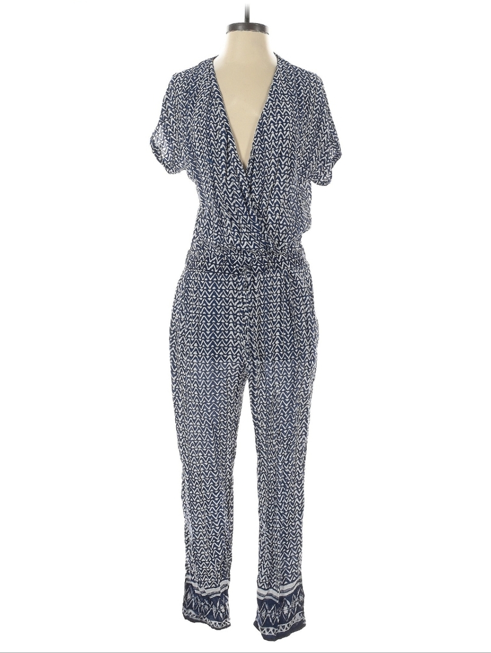LN Vici Navy Printed Short-Sleeve Jumpsuit Onesie Romper M Aztec Tribal
